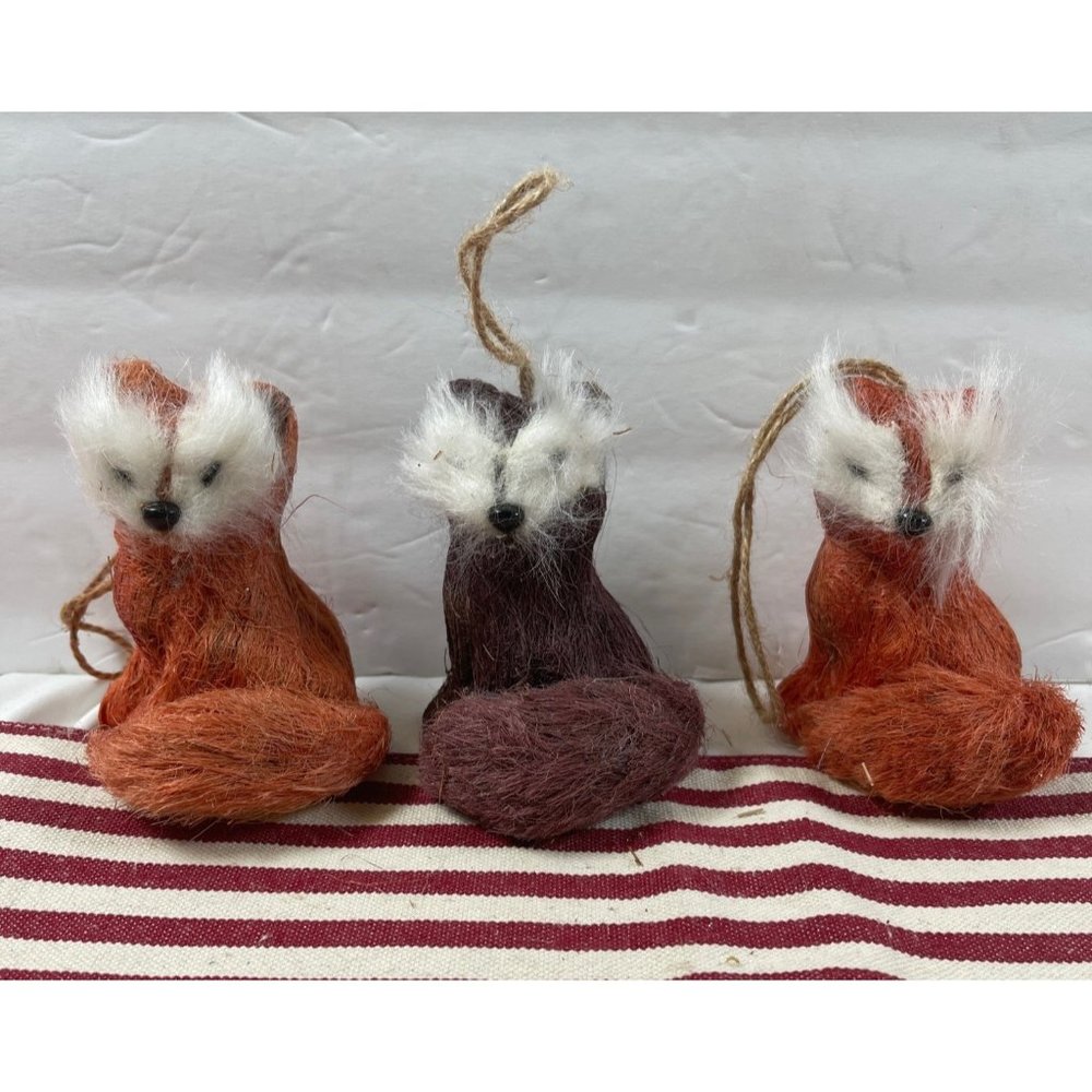 Set of 3 World Market Rustic Bristle Natural Wood Fiber Christmas FOX Ornaments